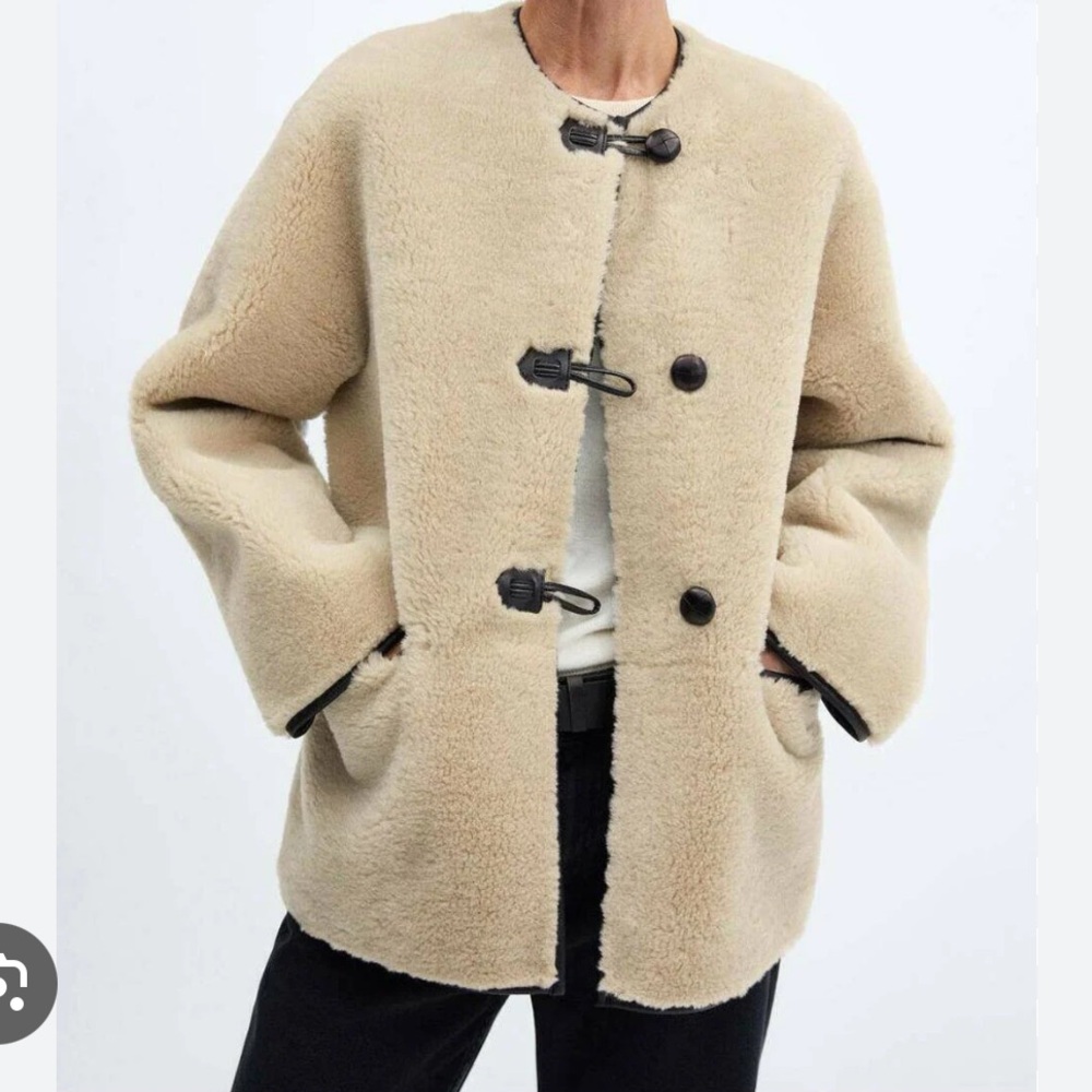 Mango Cream Teddy Shearling Toggle Jacket